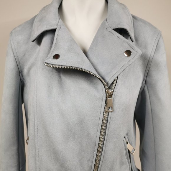 EUC H&M Suede Sky Blue Jacket Size 8 Moto Style Medium - Picture 2 of 6